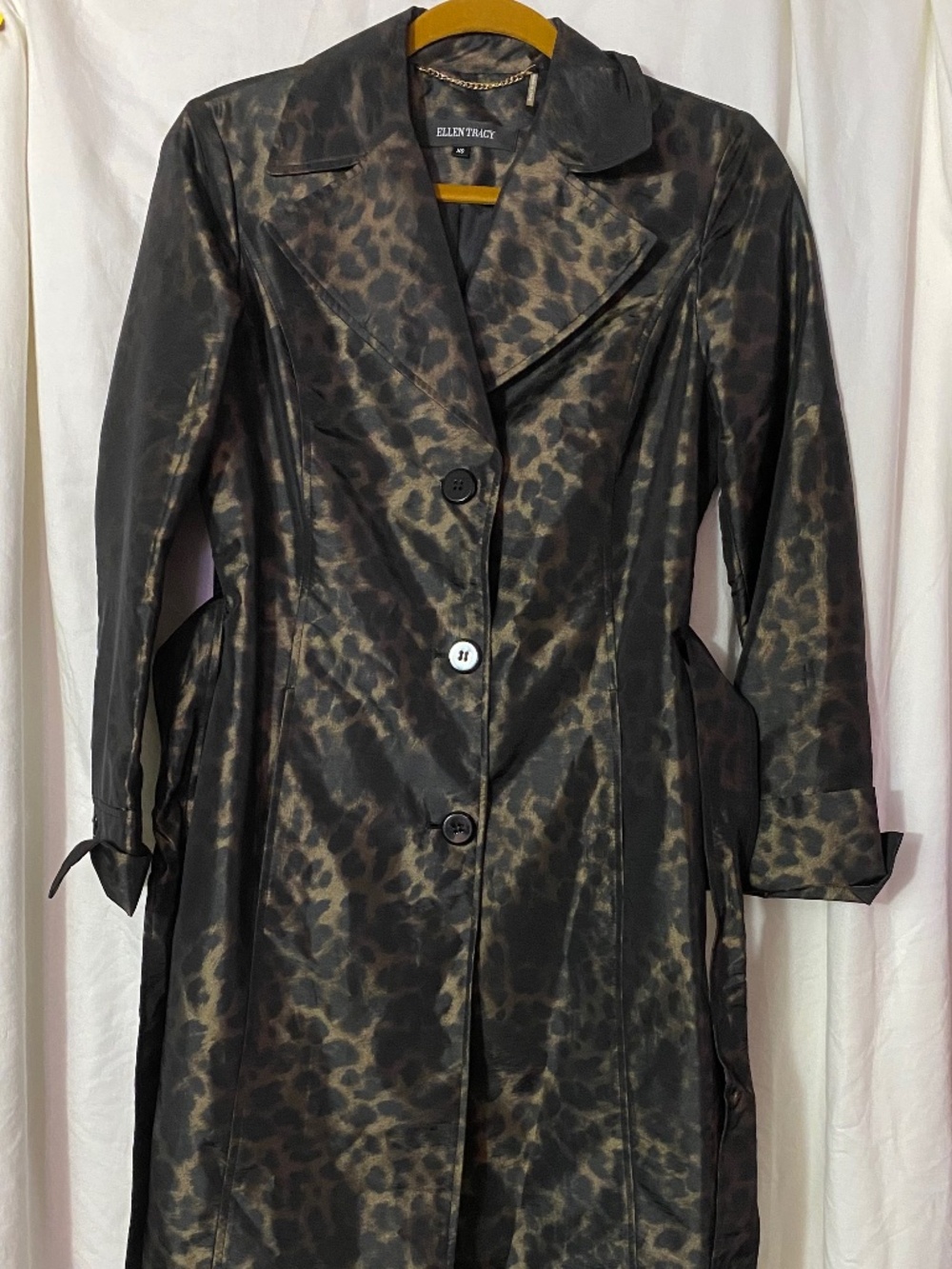 Ellen Tracy Metallic Leopard Print Trench Coat Belted Jacket XS Brown Black NWOT